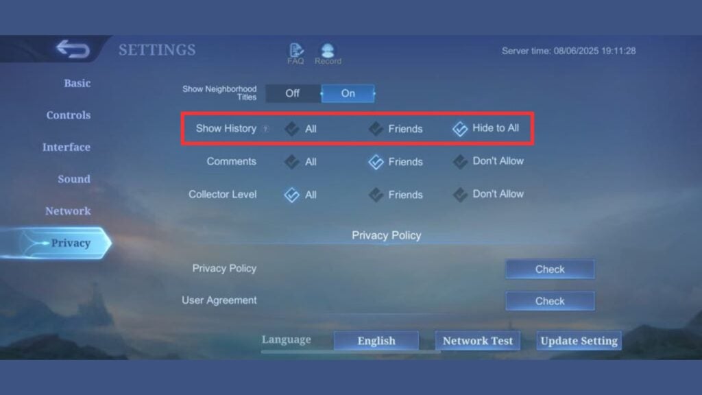 Privacy settings in MLBB, showing the Show History option.