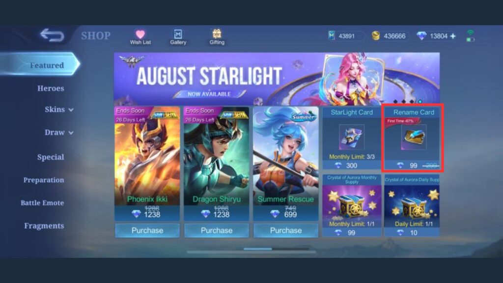 Rename Card shown in the Featured Section of the Shop in MLBB.