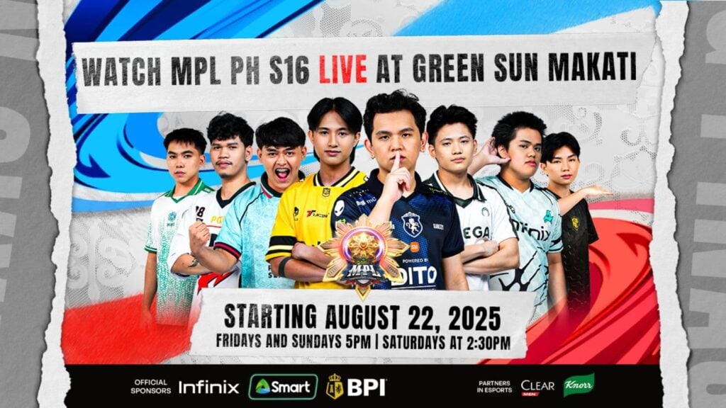 Star players of MPL PH Season 16, featured in a poster for league venue and dates.