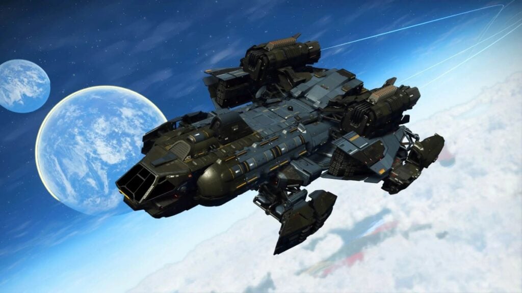 a Corvette-class ship flying in No Man's Sky