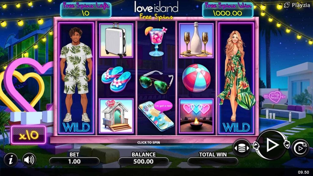 Interface of Playzia's Love Island - Love in a Spin game.