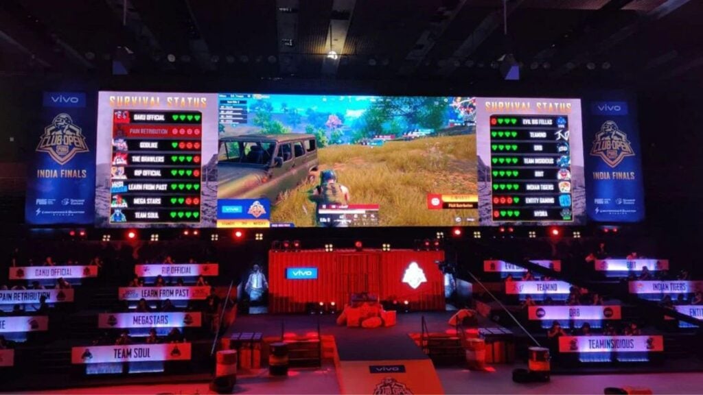 PUBG Mobile Club Open India Finals stage with teams and screen showing the game.