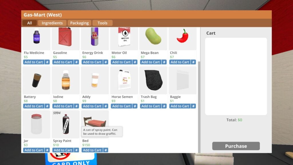 screenshot in Schedule 1 featuring the purchase options at the gas mart.
