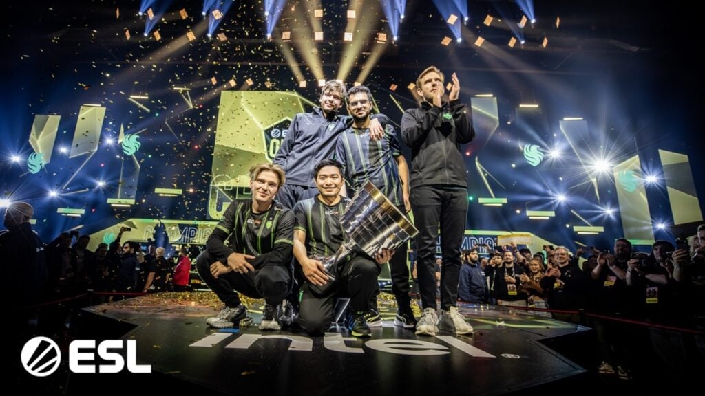image featuring the dota 2 roster of Team Falcons after winning ESL One Birmingham.