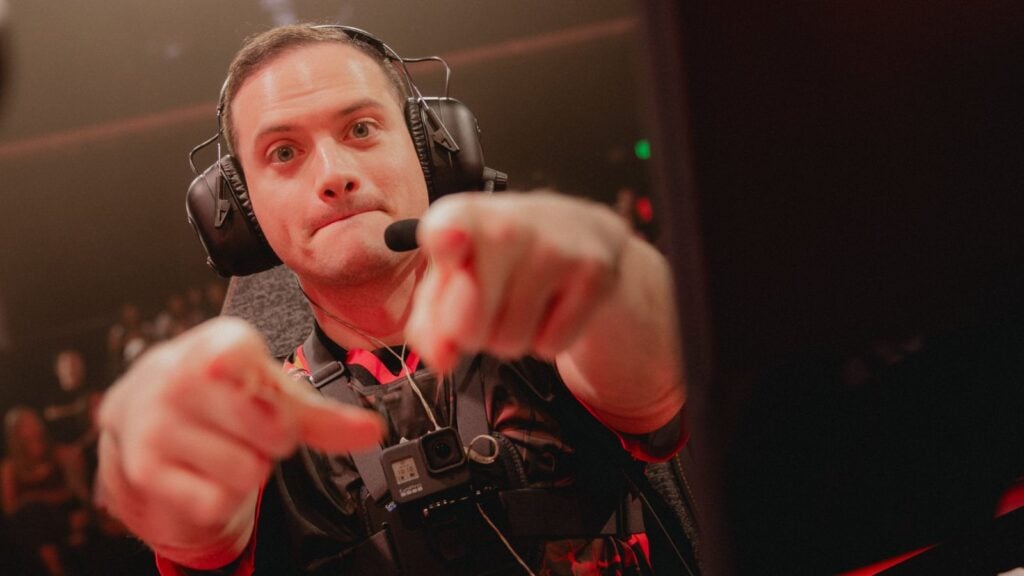 G2 babybay points at the camera during the VCT Americas Stage 2 playoffs.