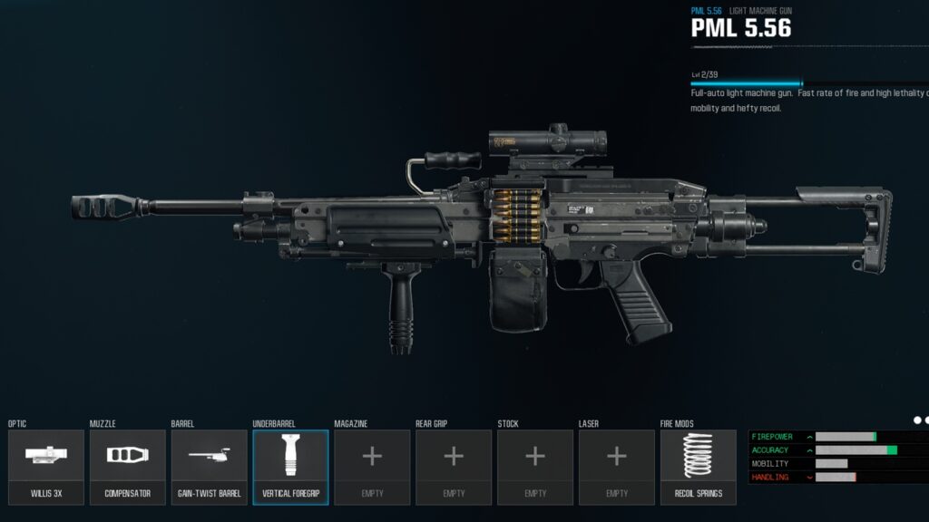 in-game screenshot featuring the best attachments loadout for the PML 5.56 in Warzone.