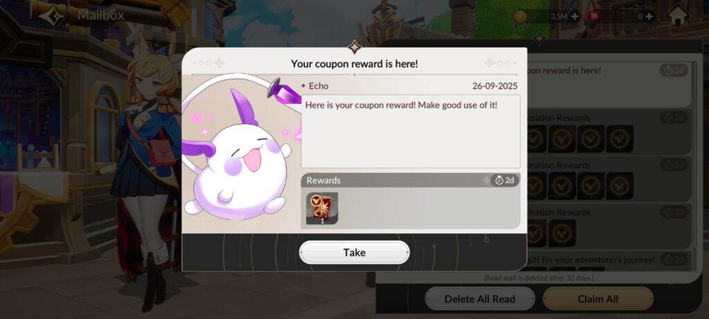 Coupon reward page Seven Knights Re:Birth