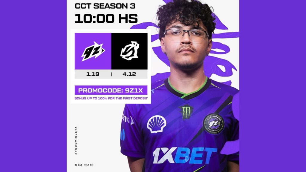 9z Team CS2 player wearing jersey with 1xBet as title sponsor in a key image for a match schedule announcement.