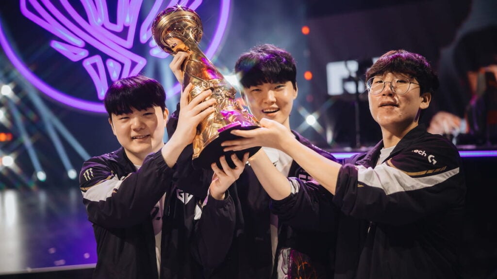(L-R) Canyon, Chovy and Ruler of Gen.G Esports hold the trophy up after victory at MSI 2025 Finals at the Pacific Coliseum in Vancouver, Canada on July 12, 2025.