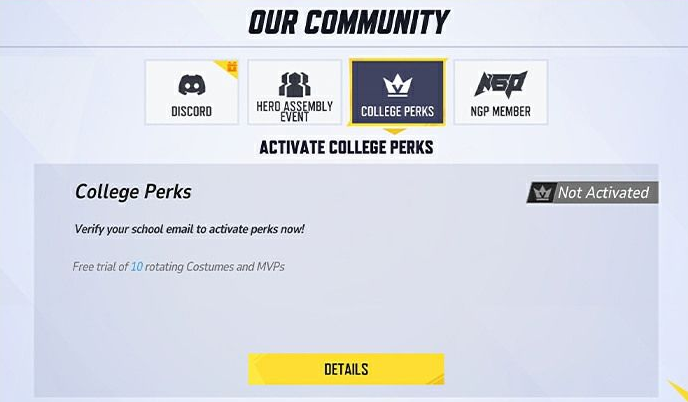 College Perks verification page in Marvel Rivals