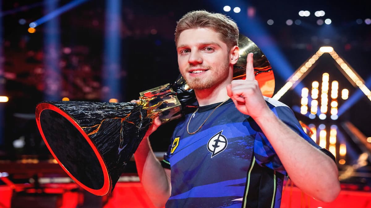 Max "Demon1" Mazanov of Evil Geniuses poses with the VALORANT Champions Los Angeles Trophy after victory at the Grand Finals at the Kia Forum on August 26, 2023 in Los Angeles, California.