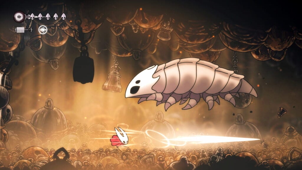 Picture showing Bell Beast Stuck jumping in Hollow Knight Silksong.