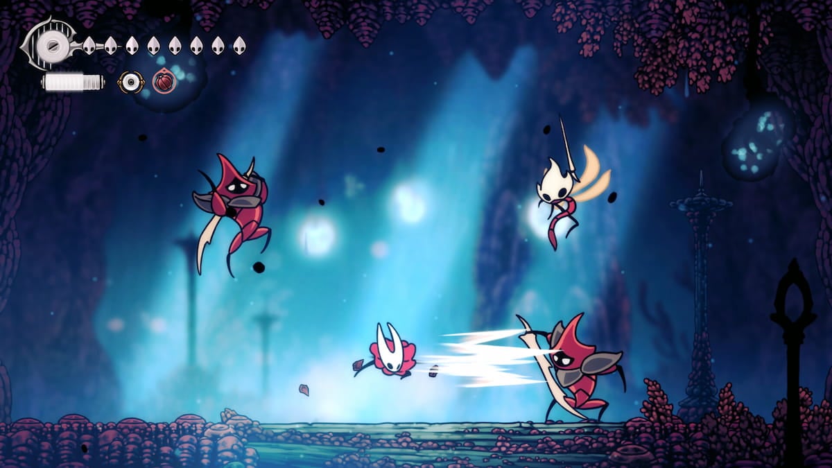 Picture showing player fighting ninja enemies in Hollow Knight Silksong.