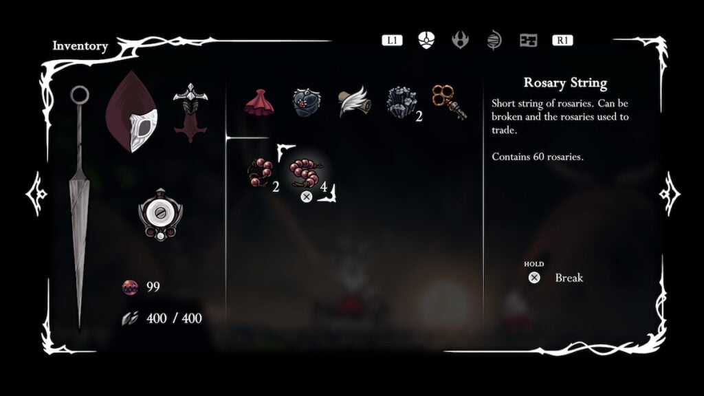 Picture showing Rosary Beads use in Hollow Knight Silksong.