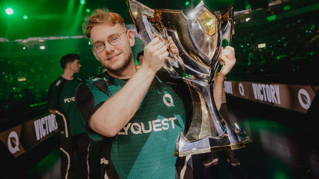 Inspired of FlyQuest celebrates victory over Keyd Stars with a trophy lift at the LTA Championship Grand Finals at the Credit Union of Texas Event Center on September 28, 2025 in Allen, Texas.