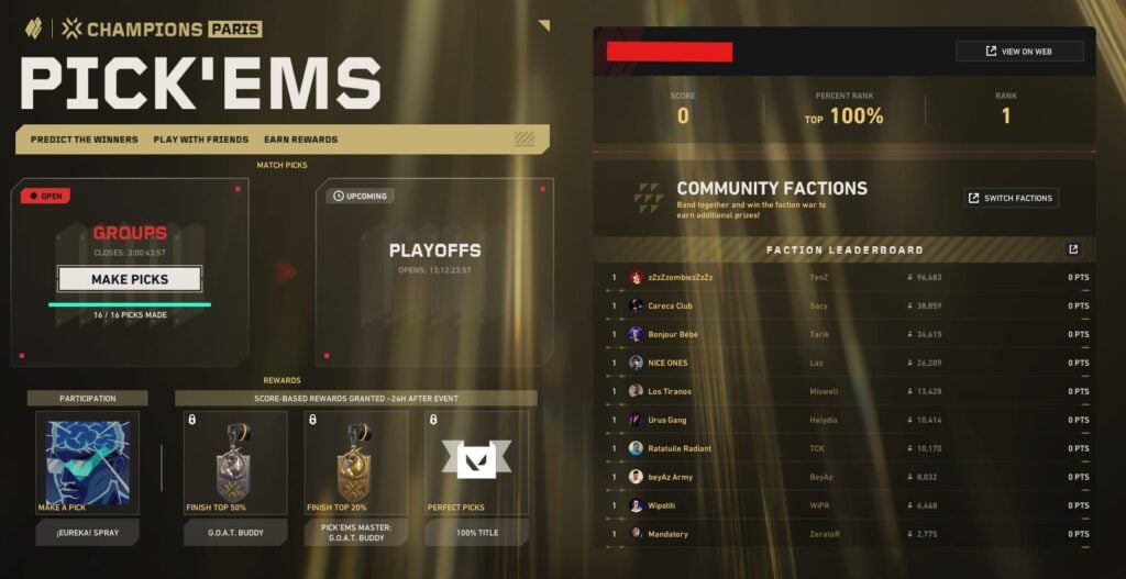 VALORANT Champions Paris Pick'ems page
