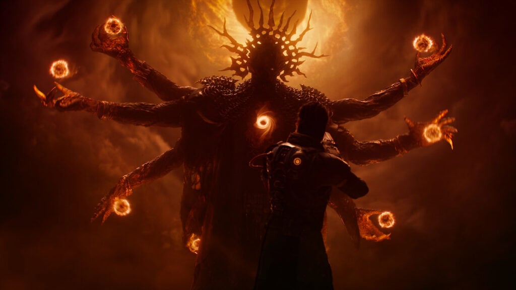 Picture showing SAROS main character facing an enemy.