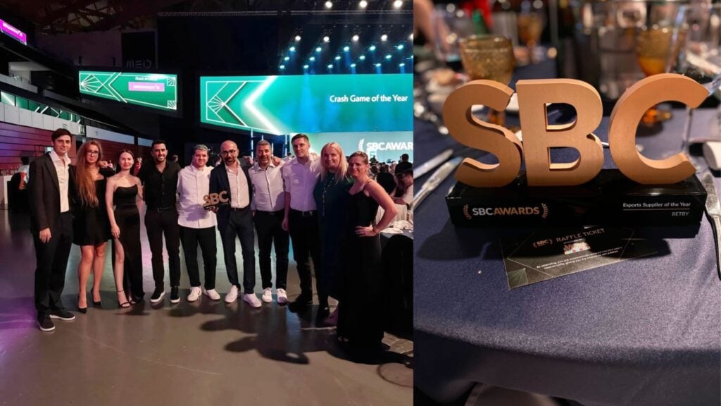 BETBY officials and SBC Summit 2025 Esports Supplier of the Year award in a collage.