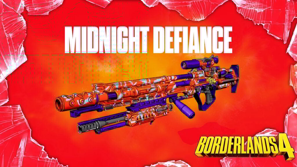 Cover art for the Midnight Defiance legendary weapon in Borderlands 4.