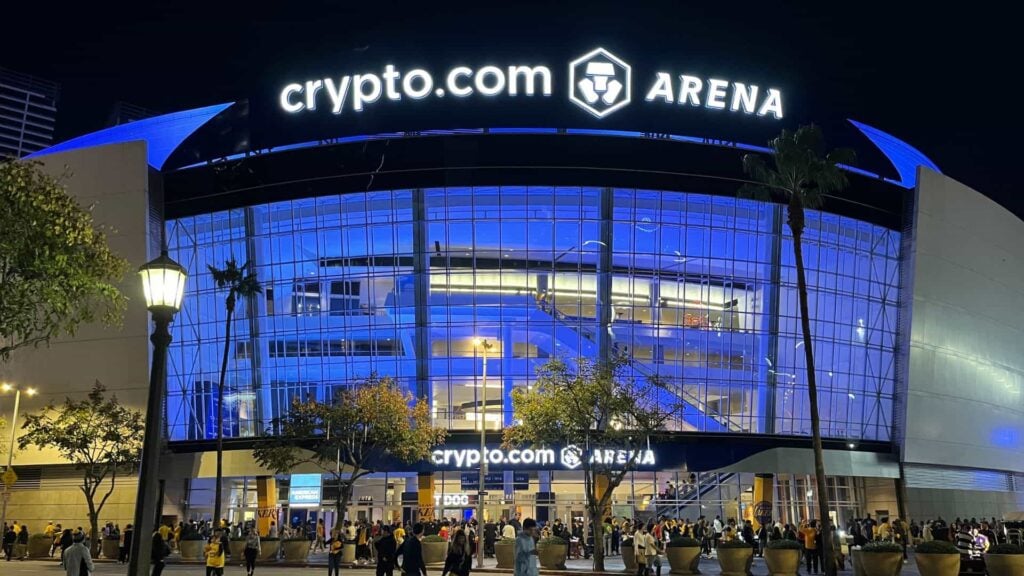 Crypto.com Arena exterior, with people gathering outside.