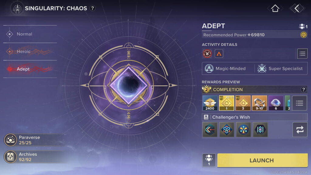 Singularity Chaos menu in Destiny: Rising