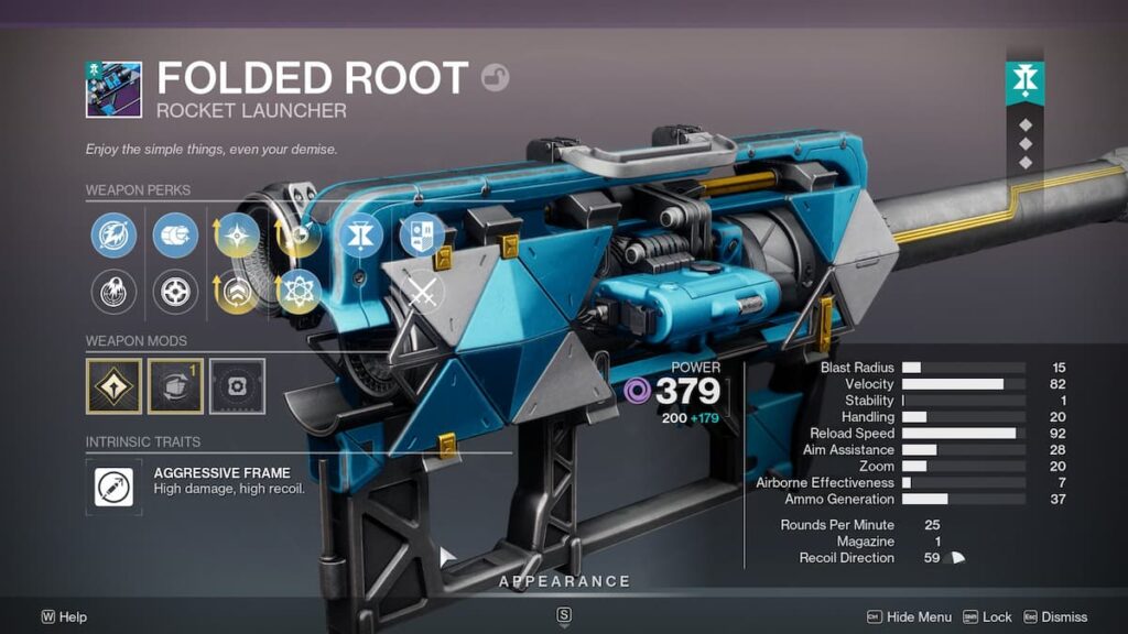 Folded Root rocket inspect screen in Destiny 2