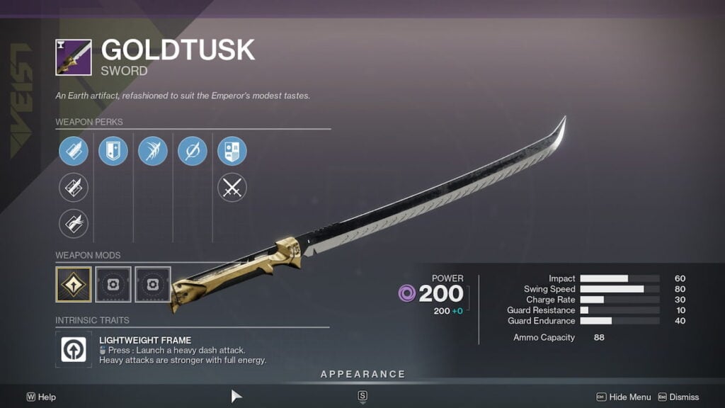 Goldtusk sword roll in Destiny 2