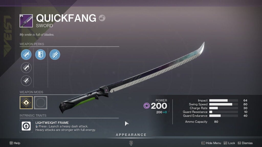 Quickfang sword roll in Destiny 2