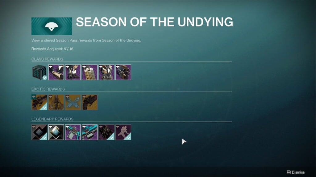 Season of Undying season pass rewards in Destiny 2