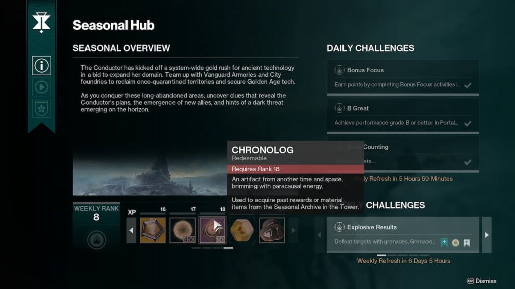Seasonal Hub Chronologs in Destiny 2