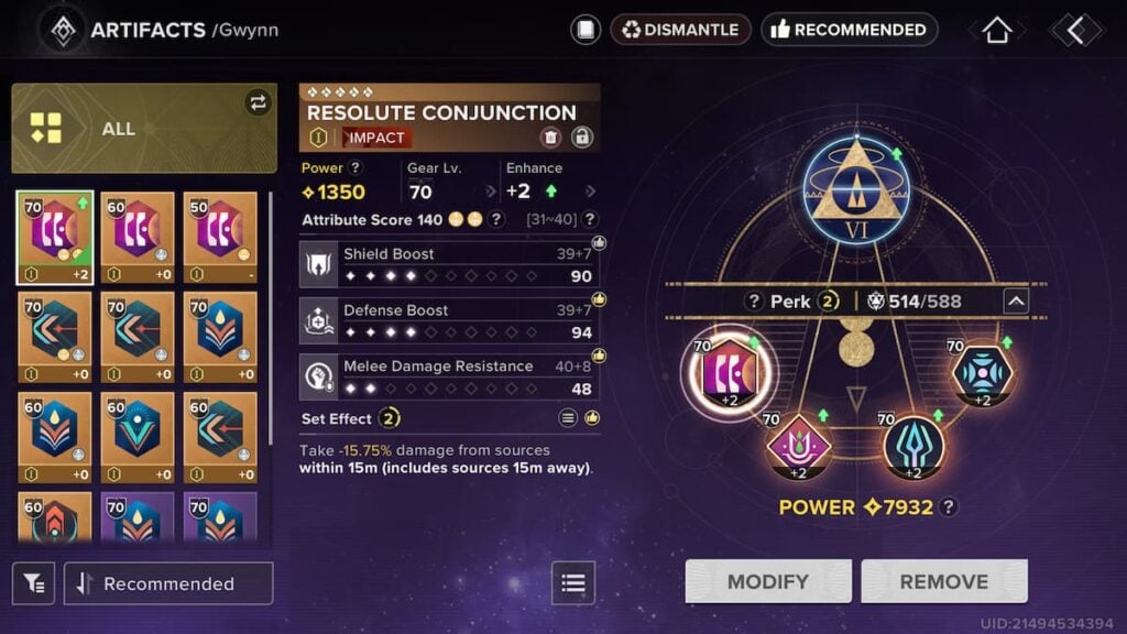 Artifact menu in Destiny: Rising