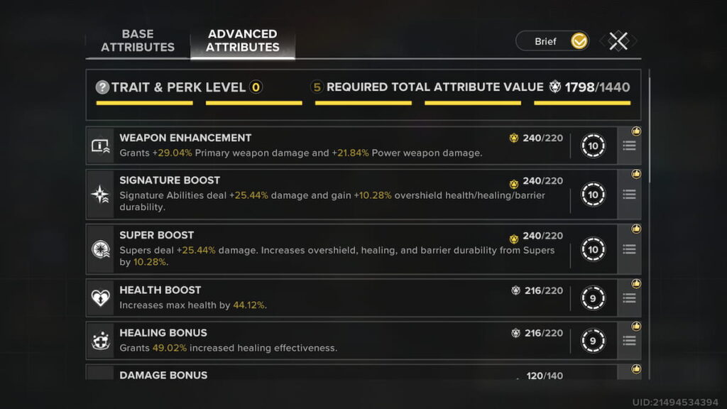 Attribute list for Jaren in Destiny: Rising