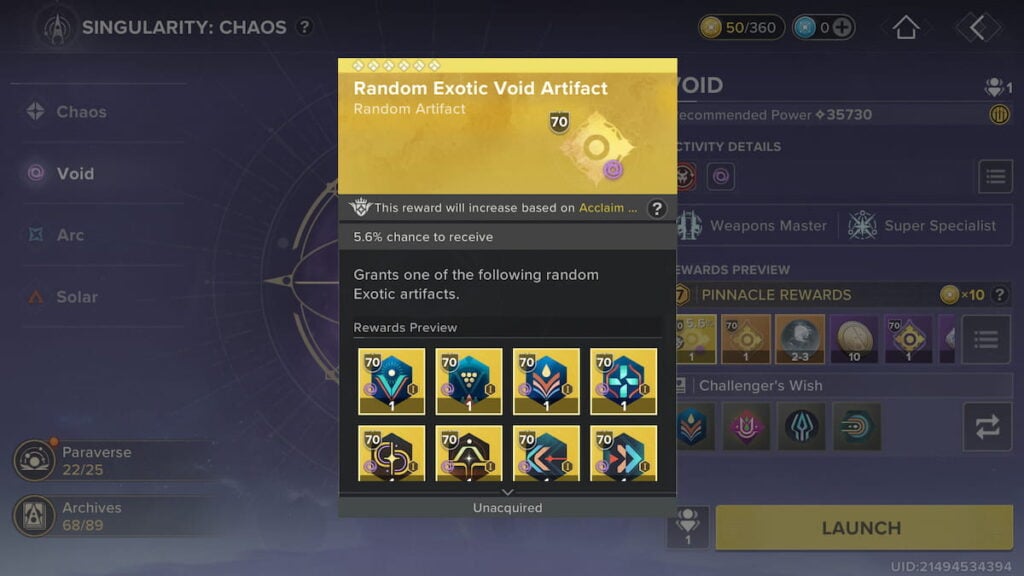 Random Exotic Void Artifact in Destiny: Rising