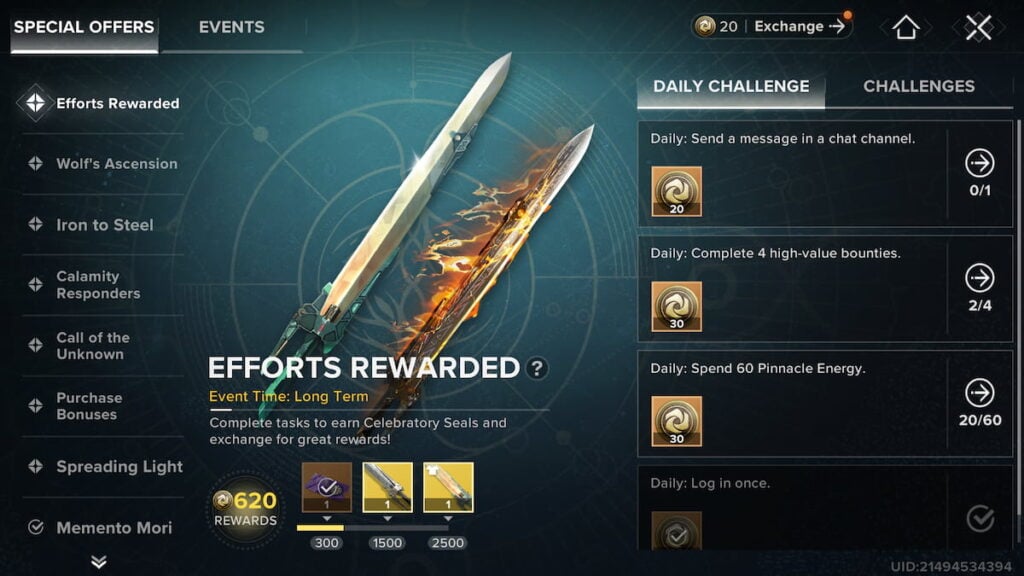Efforts rewarded event in Destiny: Rising