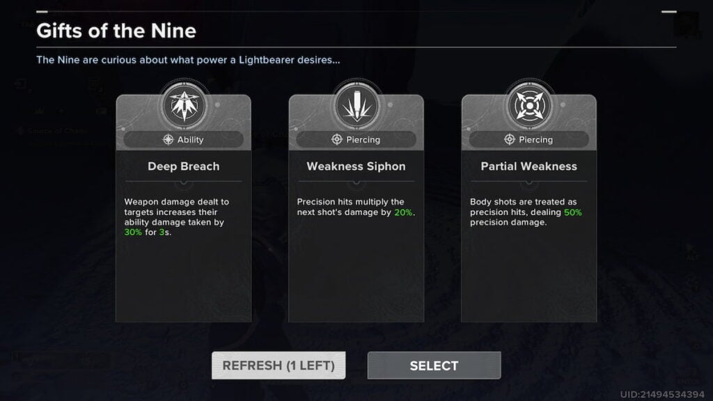 Gift selection in Singularity: Chaos in Destiny: Rising