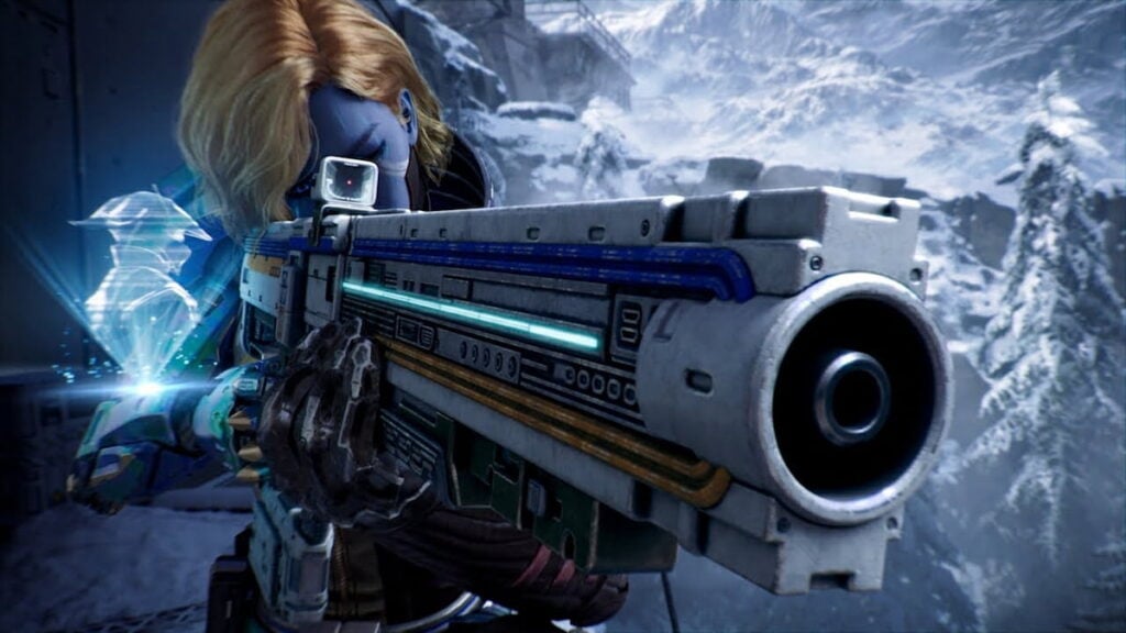 Helhest aiming a linear fusion rifle in Destiny Rising