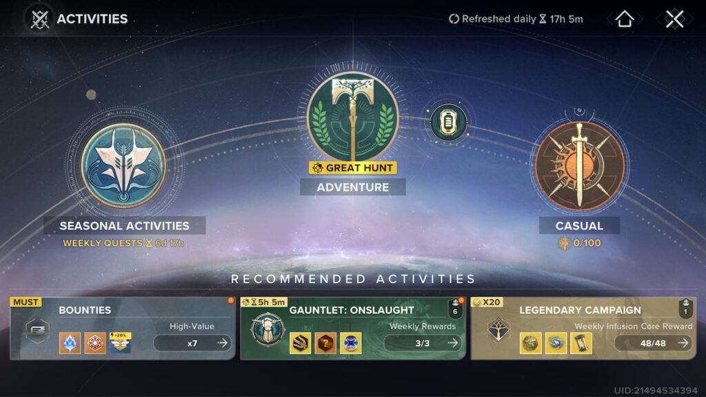 Activities menu in Destiny Rising