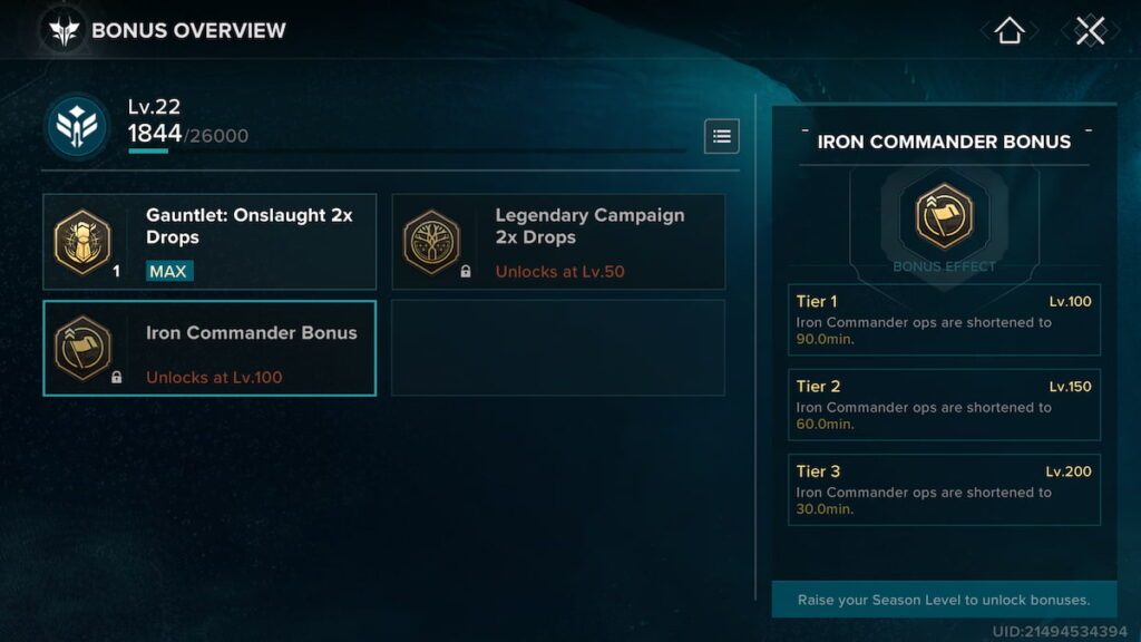 Destiny Rising Iron Commander seasonal bonuses