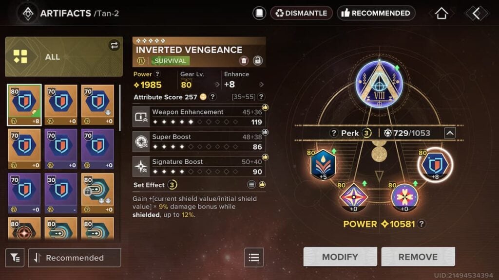 Artifact loadout for Tan-2 in Destiny: Rising