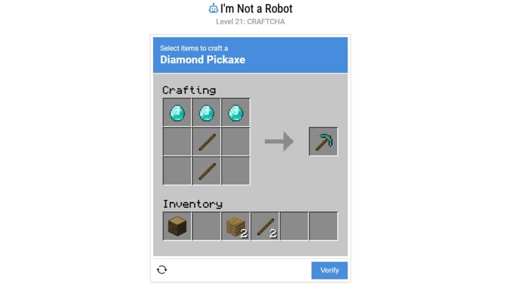Screenshot of the Craftcha challenge in level 21 of I'm Not a Robot.