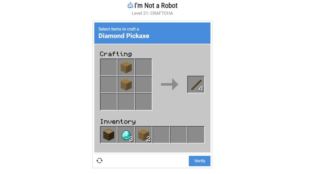 Screenshot of the Craftcha puzzle on level 21 in I'm Not a Robot.