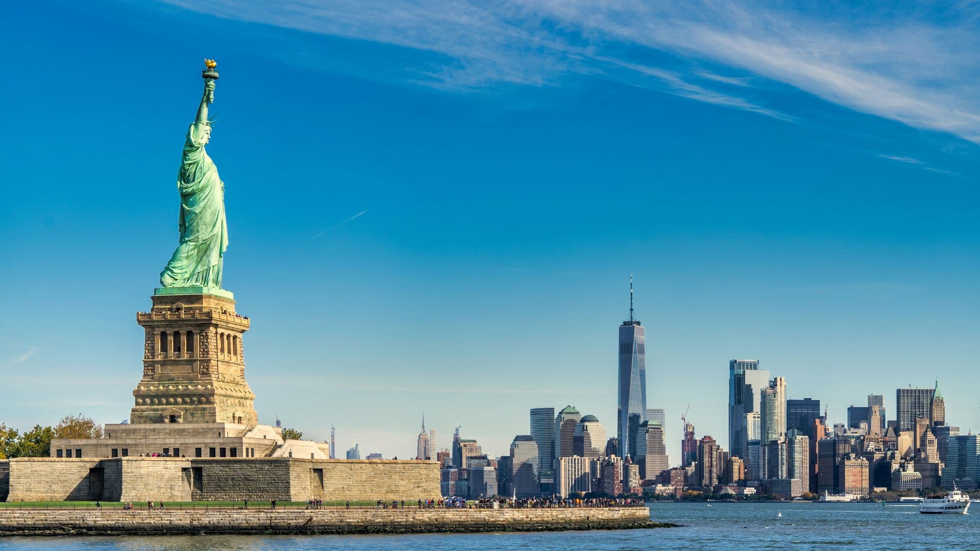 New York City's Statue of Liberty and Manhattan buildings