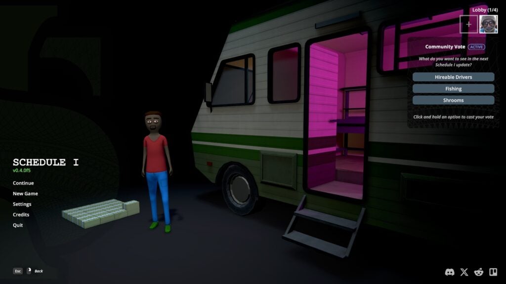 screenshot of Schedule 1's main menu featuring the community poll.