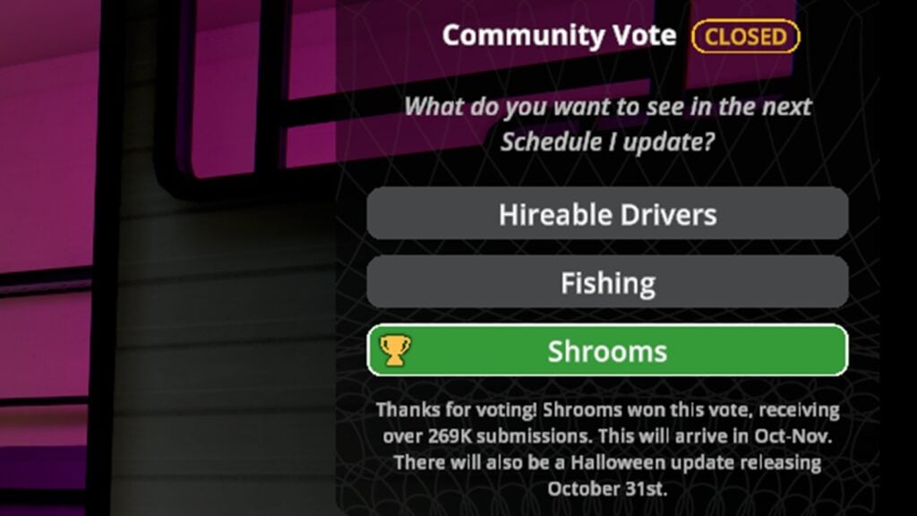Screenshot of the results for the second community vote in Schedule 1.