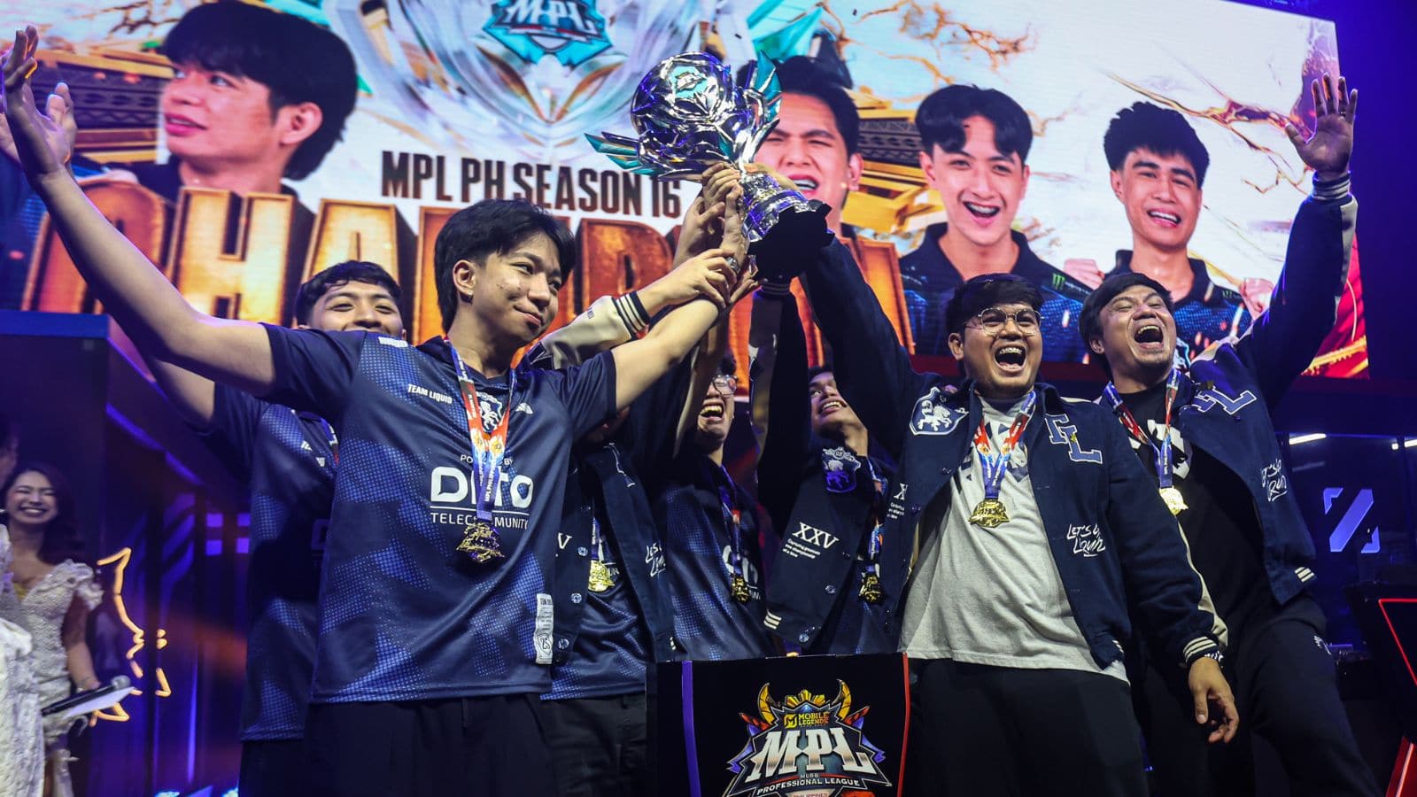 Team Liquid PH lift the trophy after winning MPL PH Season 16 grand final against Aurora