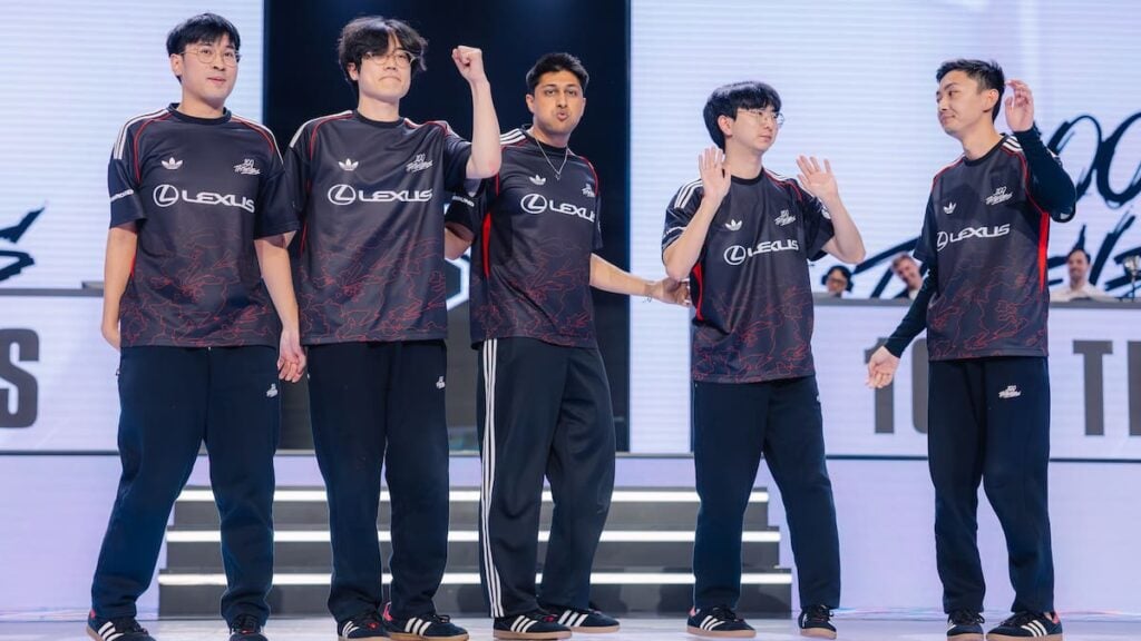 100 Thieves after victory at League of Legends Worlds 2025 Swiss Stage on October 15, 2025 in Beijing, China.