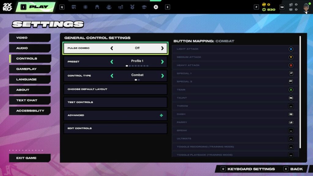 Controls settings in 2XKO