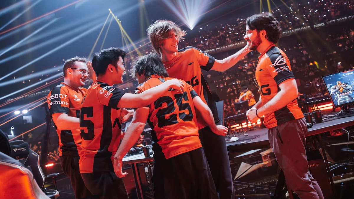 PARIS, FRANCE - (L-R) brawk, s0m, skuba, mada, and Ethan of NRG are seen on stage at VALORANT Champions Paris Grand Finals at Accor Arena on October 5, 2025 in Paris, France