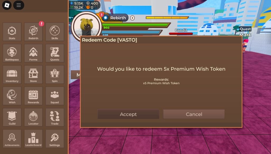 Dragon Blox reward accept screen