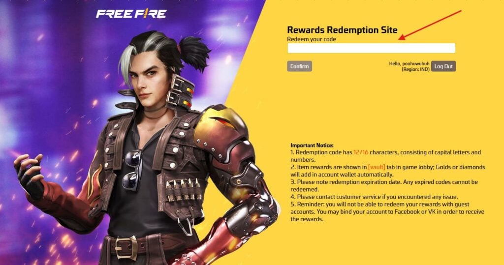 La página oficial de redención de código para Garena Free Fire